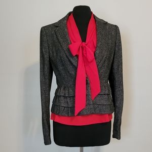 Loft Blazer Heather Grey & Black Ruffle Waist Button Coat